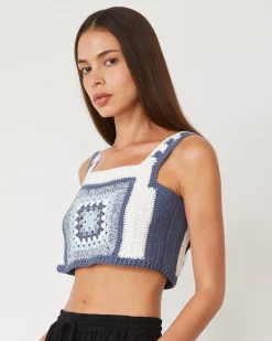 MONROW Crochet Cropped Tank Top WASHEDBLUE New